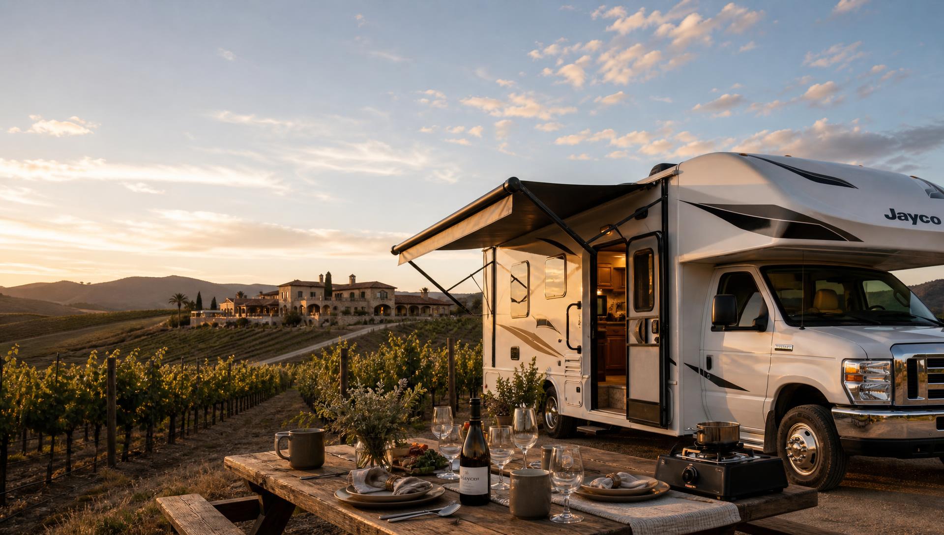 Class C motorhome set up at golden hour in California wine country with outdoor table, chairs and ambient lighting
